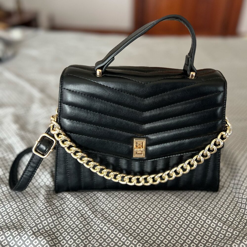 Black Faux Leather Crossbody Bag with Gold Accent Chain